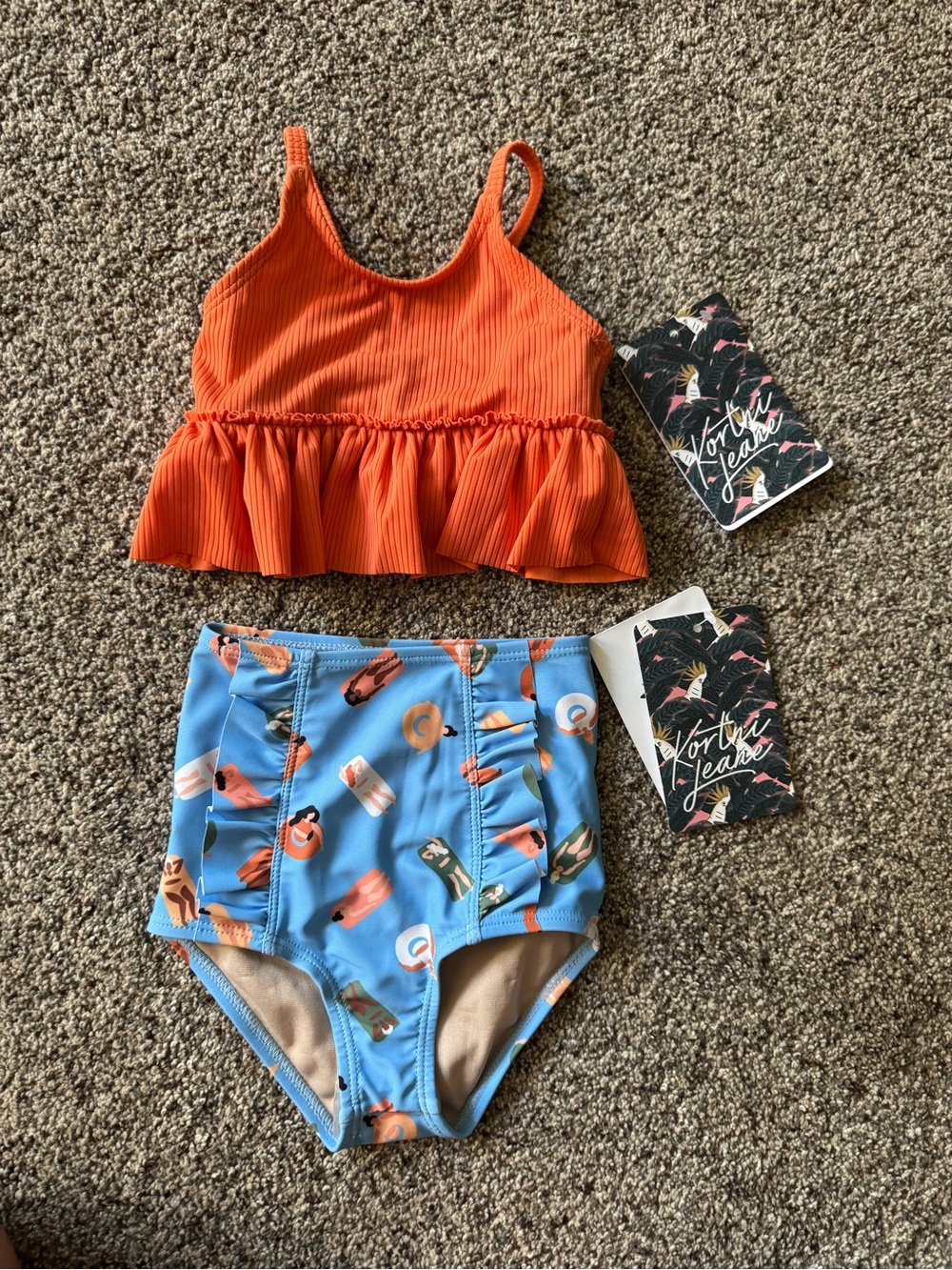 NWT Kortni Jeane Orange Ruffle Tankini Top & Blue Printed High-Waist Bottoms